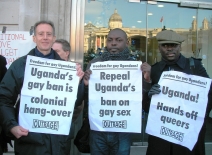 Peter Tatchell (L) demonstrates with Ugandan activists.
